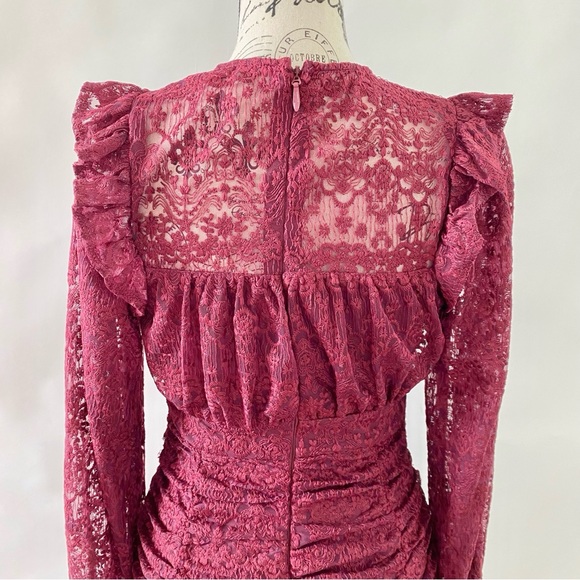 Lace Embroidered Sheer Detail Ruffle Ruched High Waist Mini Dress Maroon Small - Picture 5 of 14